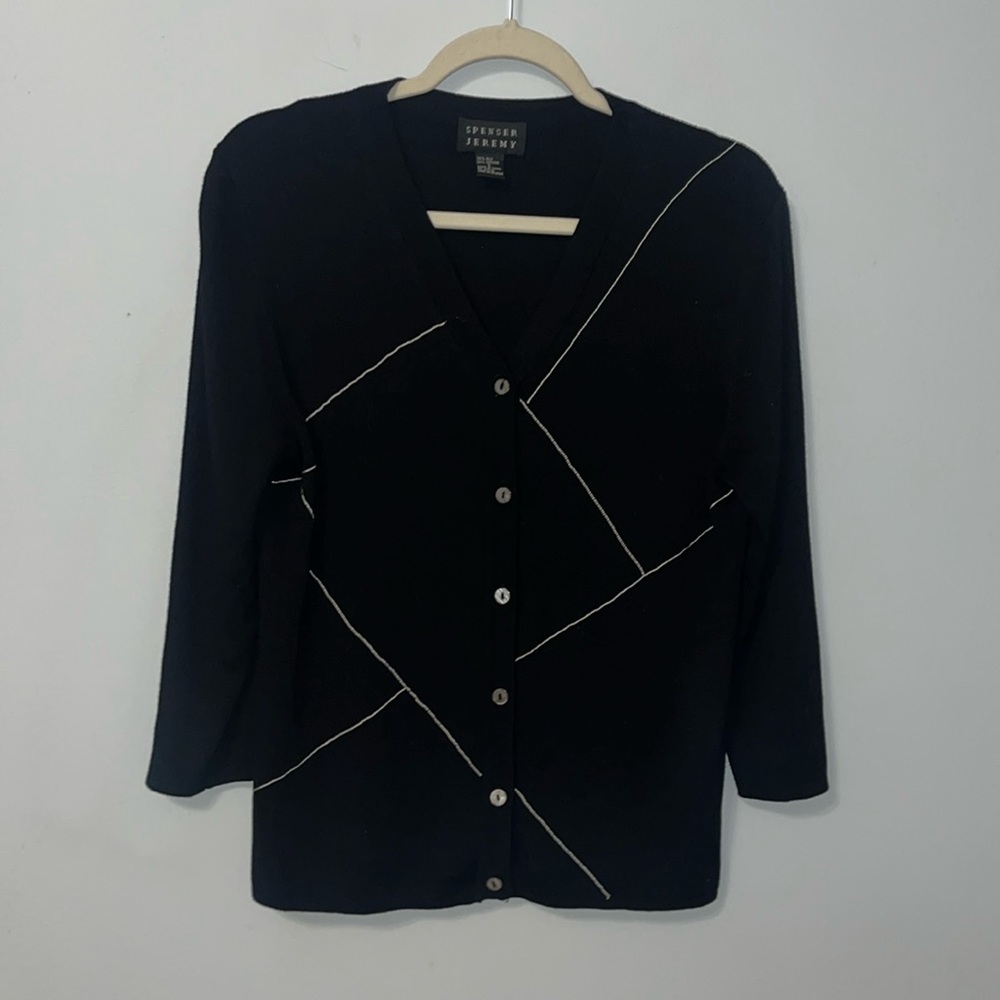 Women’s Vintage Spenser Jeremy Black White Abstract Cardigan Sz Lg Silk Blend